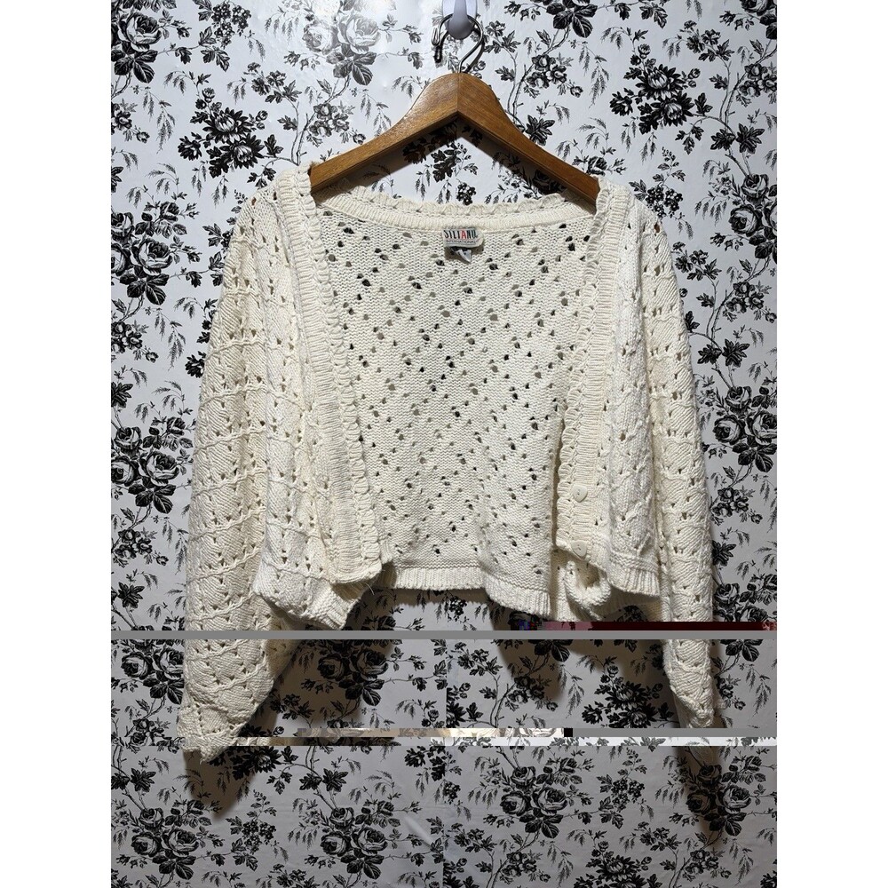 Vintage Stefano International Women's Ivory Open-Knit Button Front Shrug granny